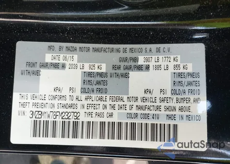 2015 Mazda Mazda3 I Grand Touring from USA, damaged, VIN 3MZBM1W78FM232792